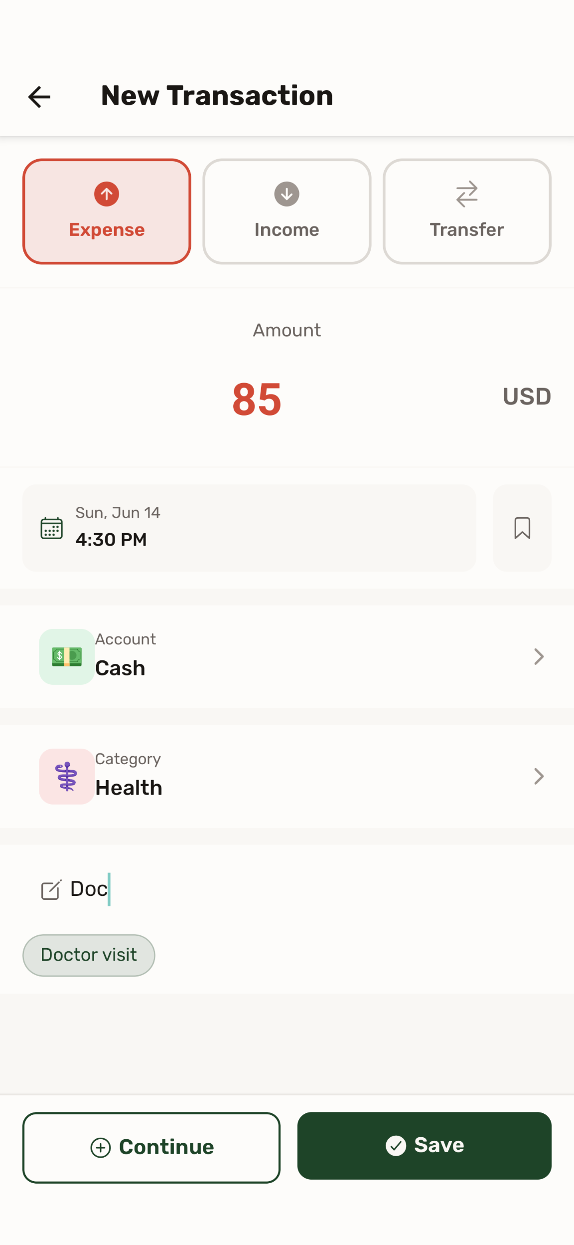 Tadbir calendar view of transactions